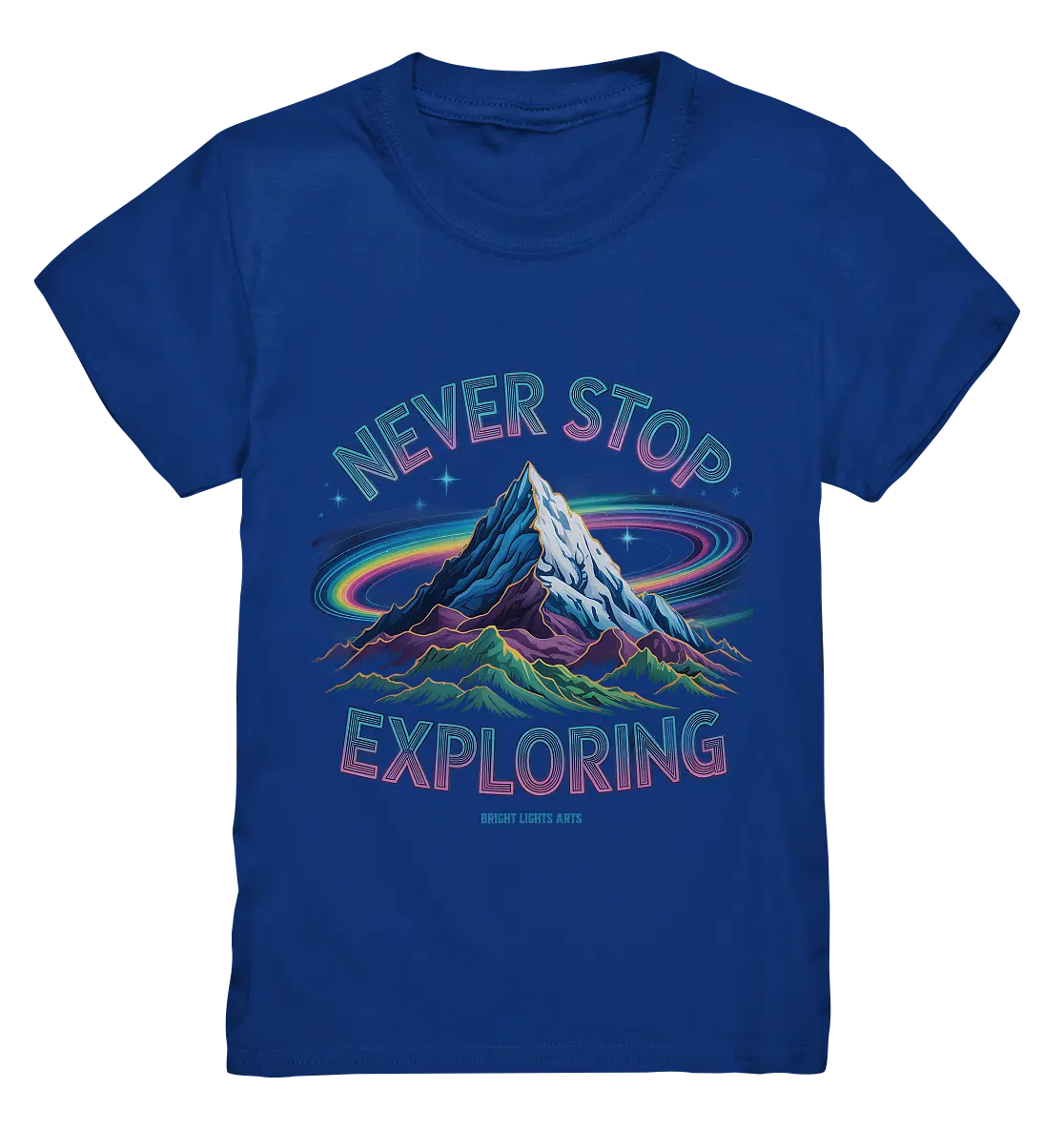 Never Stop Exploring Cosmic Mountain Adventure - Kids Premium Shirt Bright Lights Arts