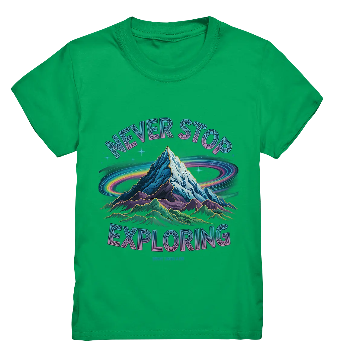Never Stop Exploring Cosmic Mountain Adventure - Kids Premium Shirt Bright Lights Arts