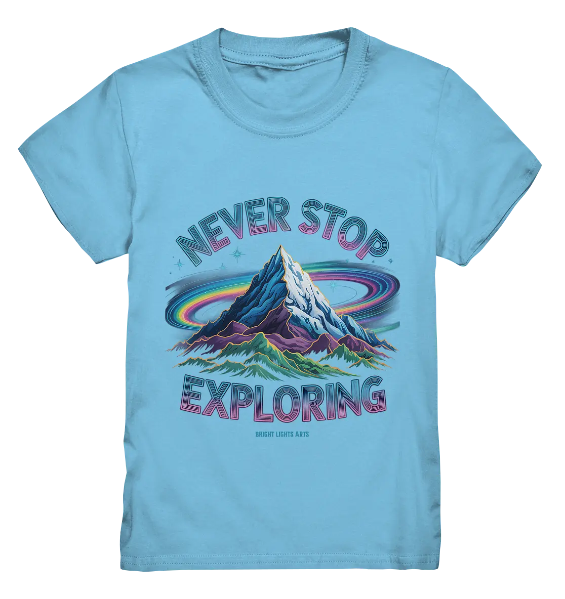 Never Stop Exploring Cosmic Mountain Adventure - Kids Premium Shirt Bright Lights Arts