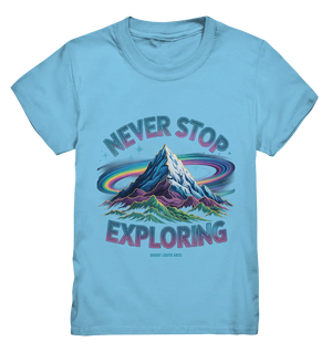 Never Stop Exploring Cosmic Mountain Adventure - Kids Premium Shirt Bright Lights Arts