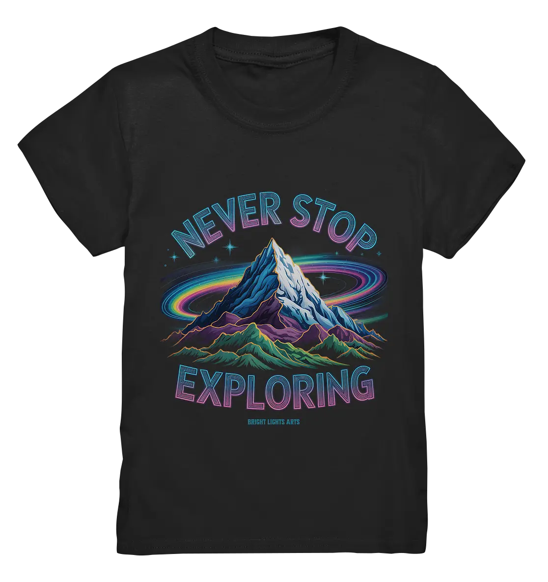 Never Stop Exploring Cosmic Mountain Adventure - Kids Premium Shirt Bright Lights Arts