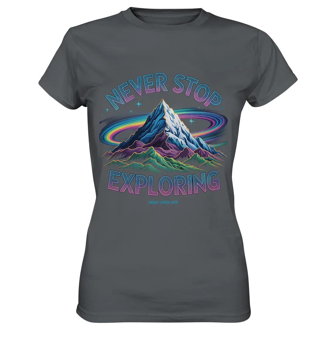 Never Stop Exploring Cosmic Mountain Adventure - Ladies Premium Shirt Bright Lights Arts