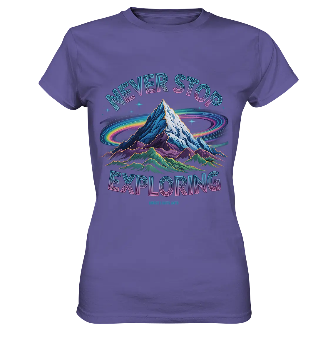 Never Stop Exploring Cosmic Mountain Adventure - Ladies Premium Shirt Bright Lights Arts