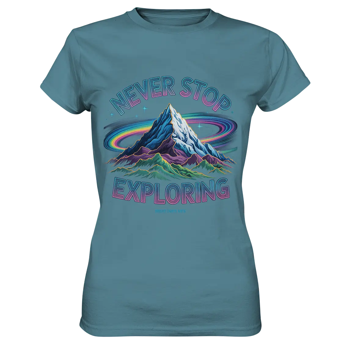 Never Stop Exploring Cosmic Mountain Adventure - Ladies Premium Shirt Bright Lights Arts