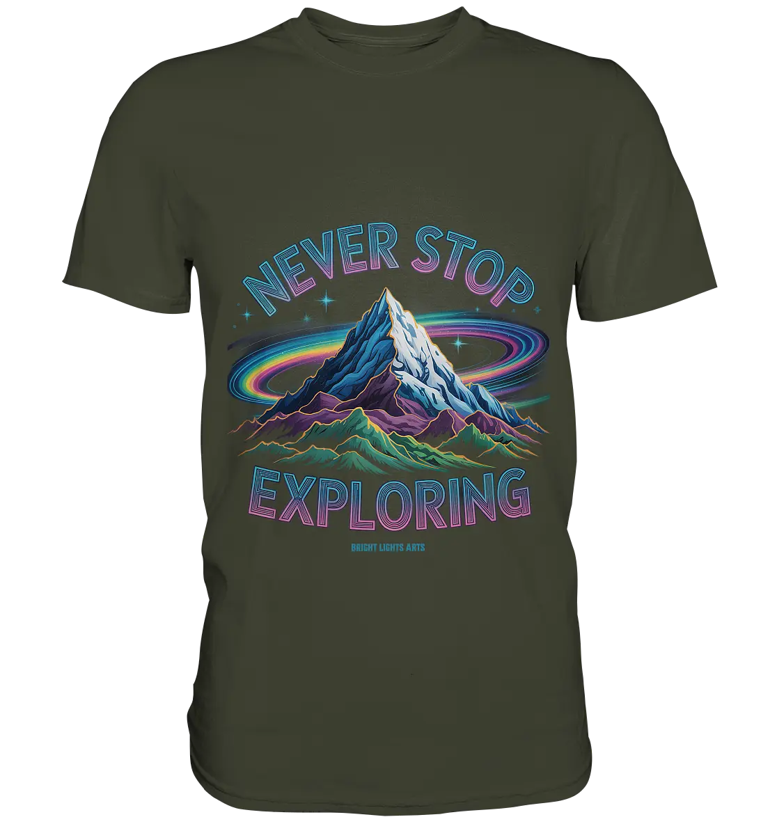 Never Stop Exploring Cosmic Mountain Adventure - Premium Shirt Bright Lights Arts