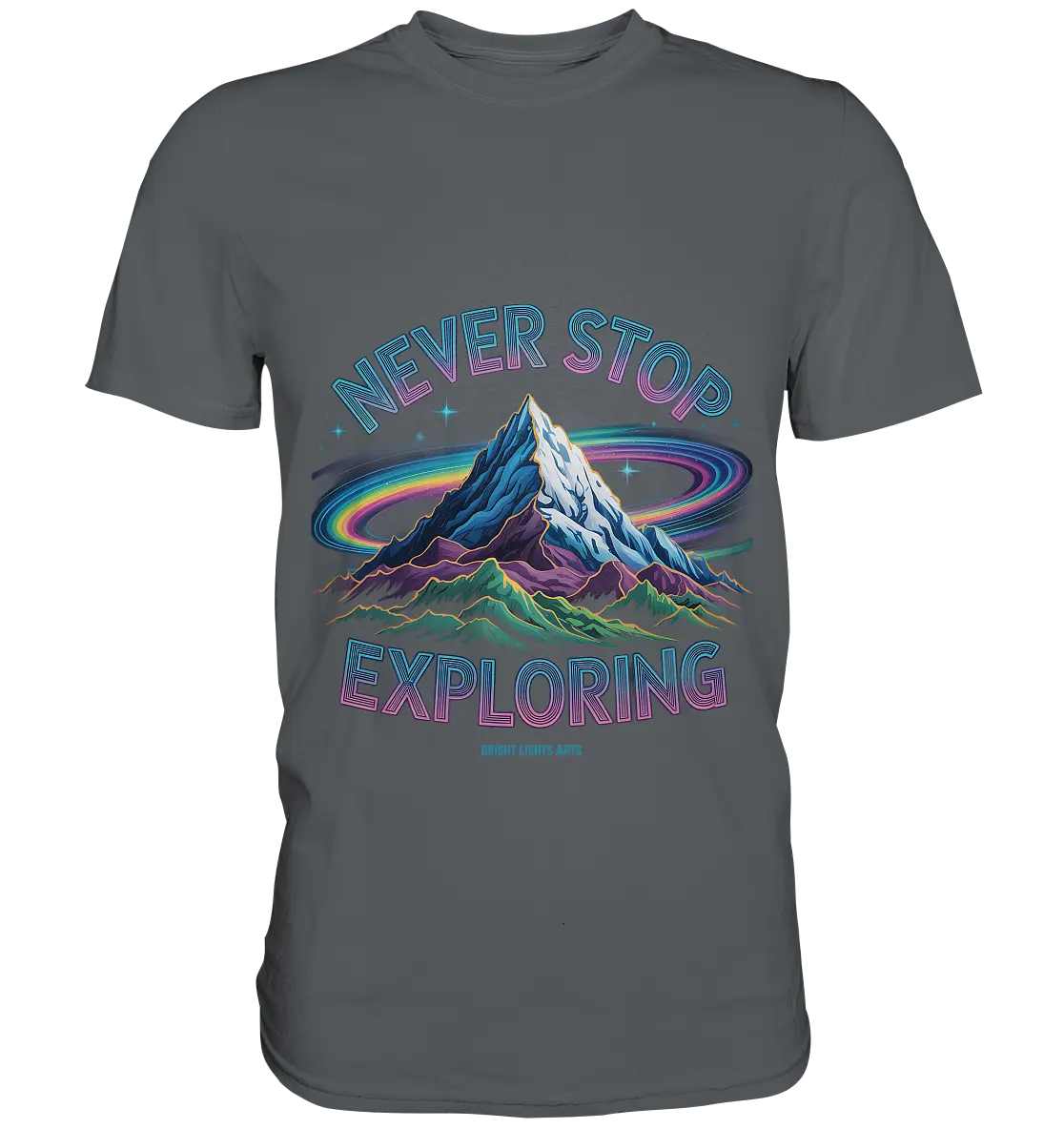 Never Stop Exploring Cosmic Mountain Adventure - Premium Shirt Bright Lights Arts