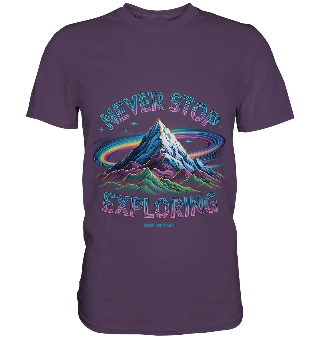 Never Stop Exploring Cosmic Mountain Adventure - Premium Shirt Bright Lights Arts