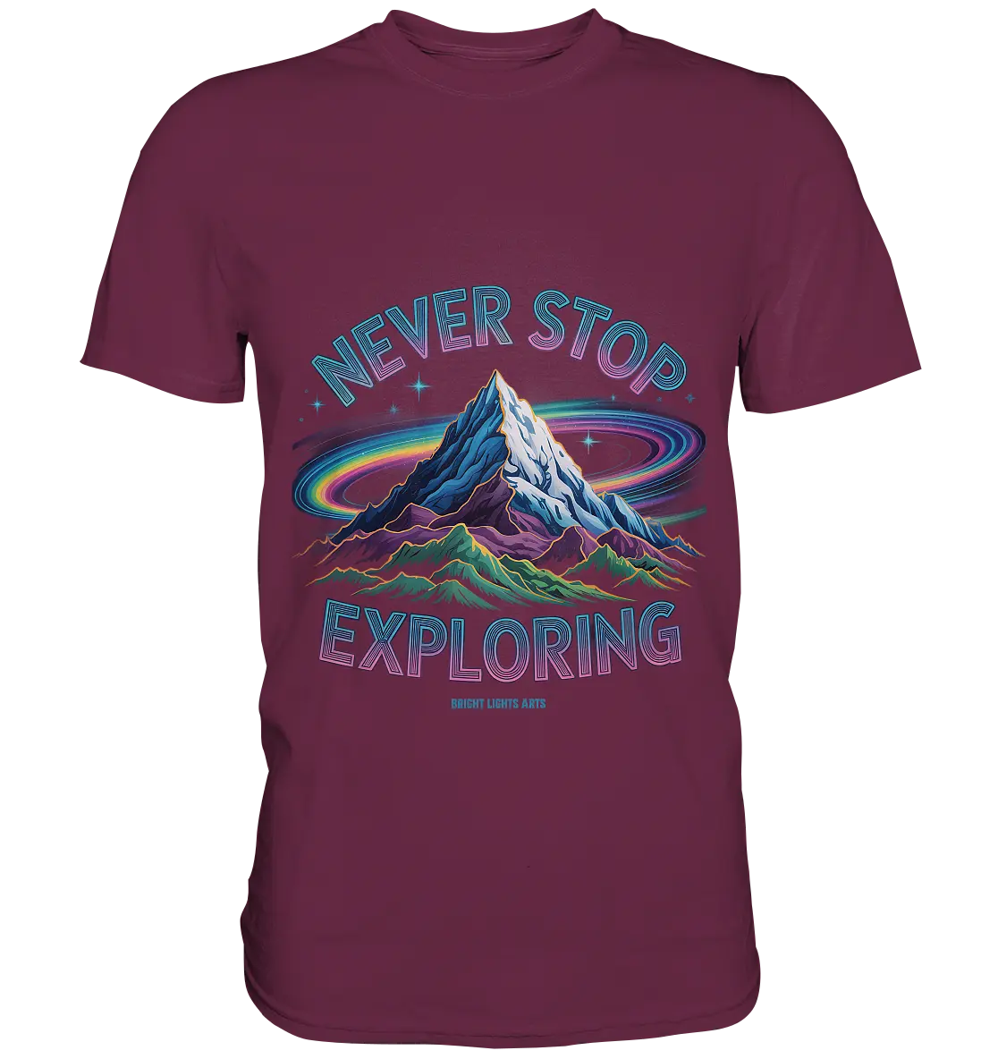 Never Stop Exploring Cosmic Mountain Adventure - Premium Shirt Bright Lights Arts