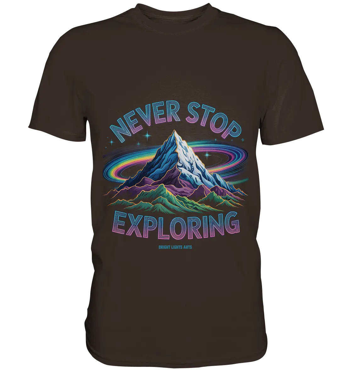 Never Stop Exploring Cosmic Mountain Adventure - Premium Shirt Bright Lights Arts
