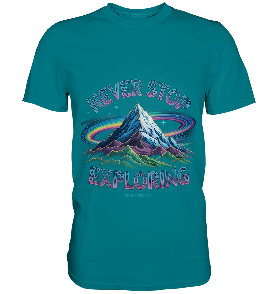 Never Stop Exploring Cosmic Mountain Adventure - Premium Shirt Bright Lights Arts
