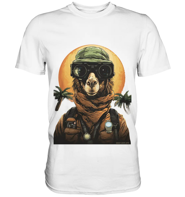 Night Ops Camel – Abenteuerliches und humorvolles Wüstendesign - Premium Shirt Bright Lights Arts