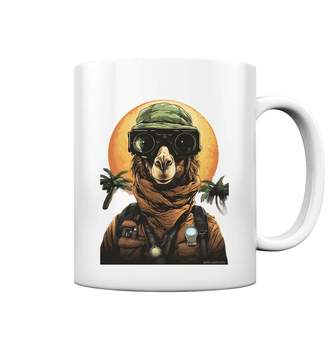 Night Ops Camel – Abenteuerliches und humorvolles Wüstendesign - Tasse glossy Bright Lights Arts
