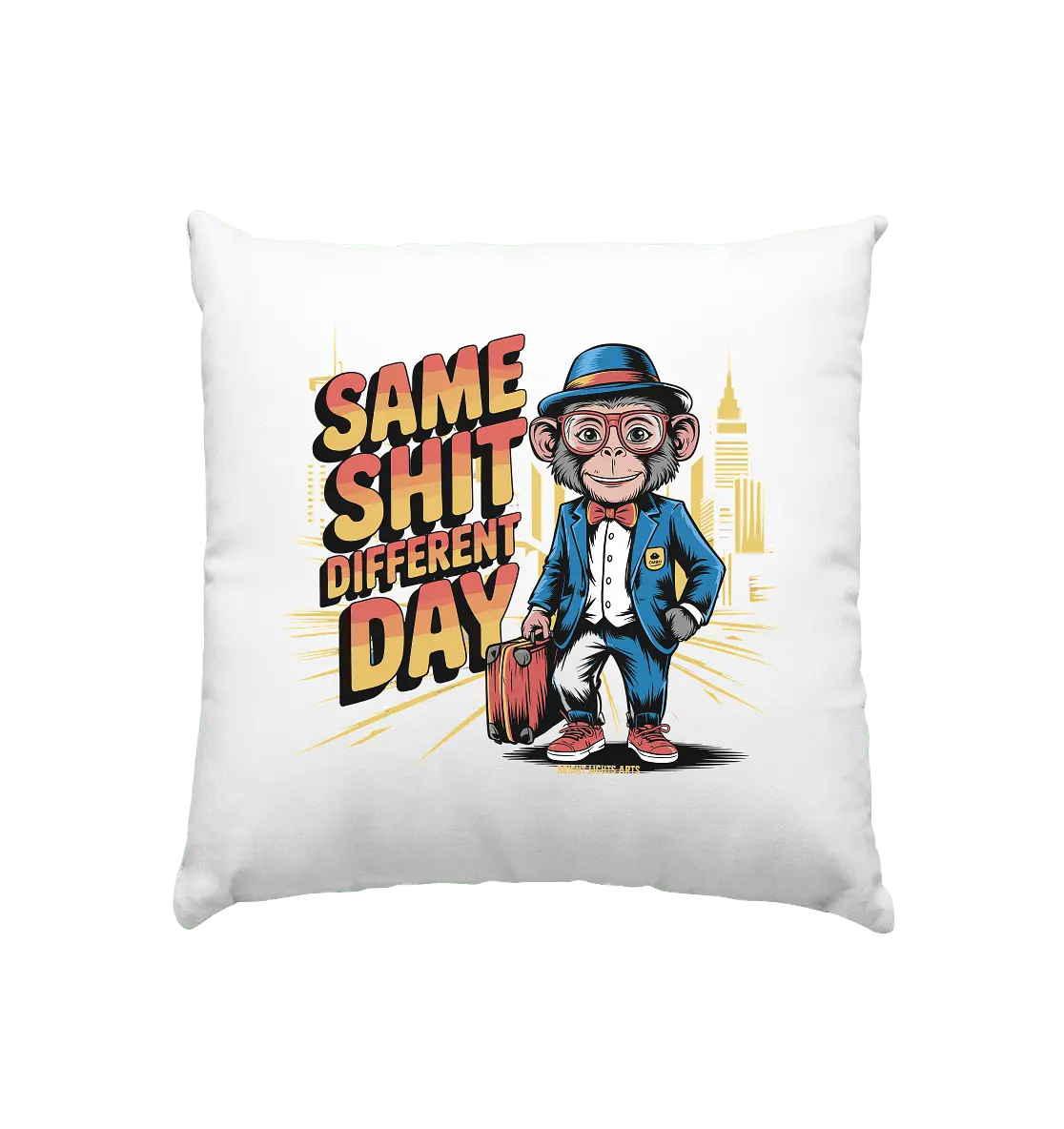 SAME SHIT DIFFERENT DAY – Humorvolles Design mit Affen im Anzug - Kissen 40x40cm - Bright Lights Arts