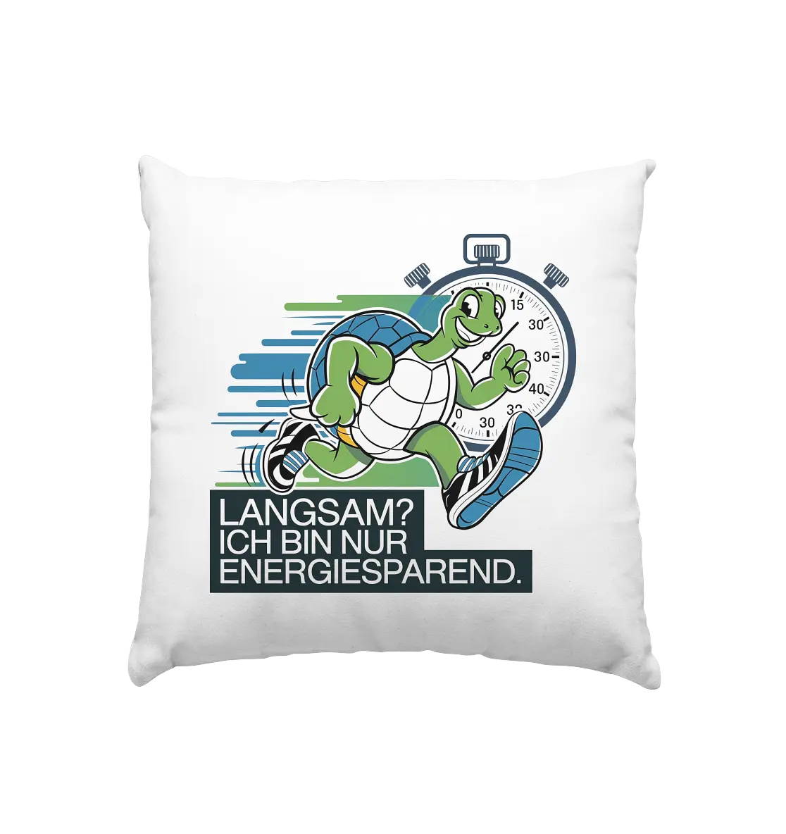 Schildkröte mit Energie – "Langsam? Ich bin nur Energiesparen" - Kissen 40x40cm Bright Lights Arts