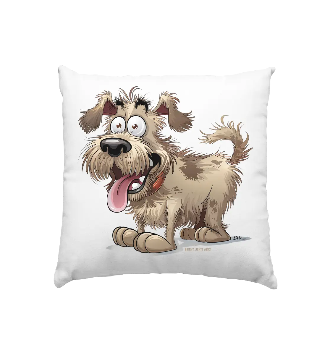 Shaggy Dog Surprise – Ausdrucksstarke & fröhliche Hundeillustration - Kissen 40x40cm Bright Lights Arts