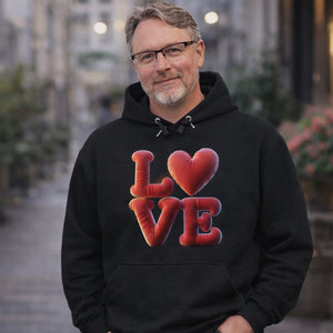Mann trägt schwarzen Premium Hoodie mit rotem 3D-Ballon LOVE Motiv – emotionales Bright Light Arts Mockup mit Model in urbanem Setting