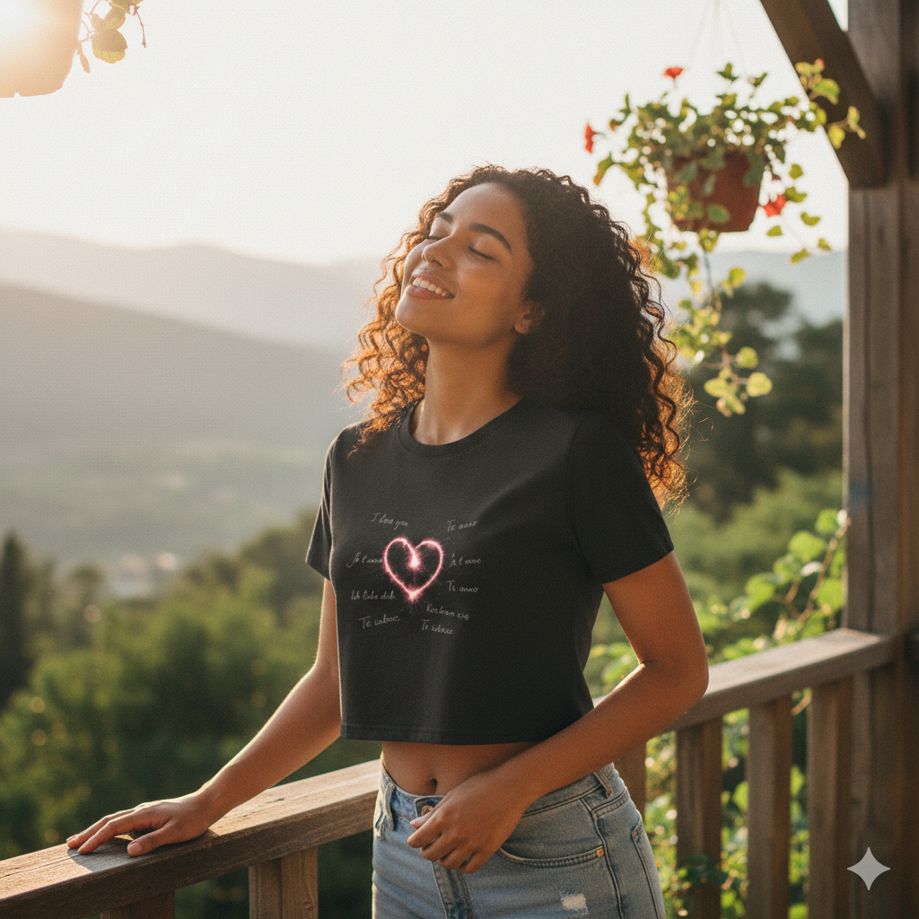 Schwarzes Damen Crop Top mit funkelndem Herz & „I love you“ Schriftzügen, weiche Baumwoll-Textur, heller Lifestyle-Vibe.