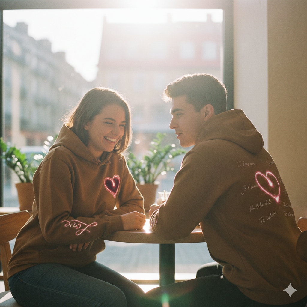 Verliebtes Paar in Caramel Toffee Hoodies mit leuchtendem Herz-Print, 35mm Film-Look, warme Emotionen.