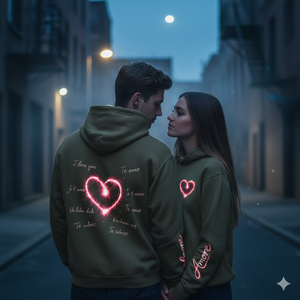 Lifestyle-Shot Paar in Olive Hoodies, Rückansicht mit 'I love you' Multilanguage-Herz, authentischer Vibe.