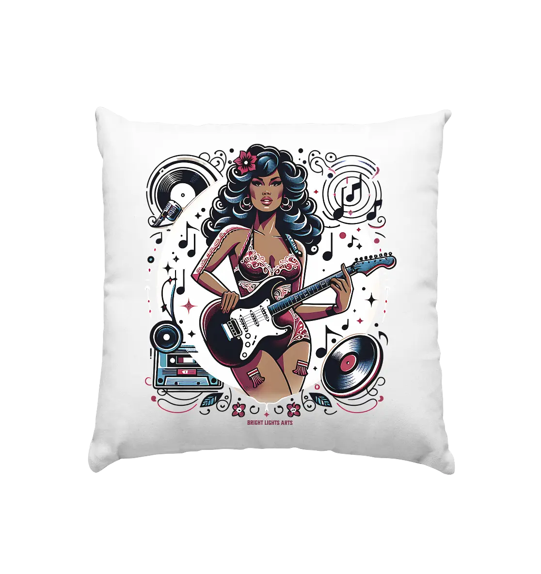 Swinging 60s Gitarristin mit Retro-Vibes - Kissen 40x40cm Bright Lights Arts