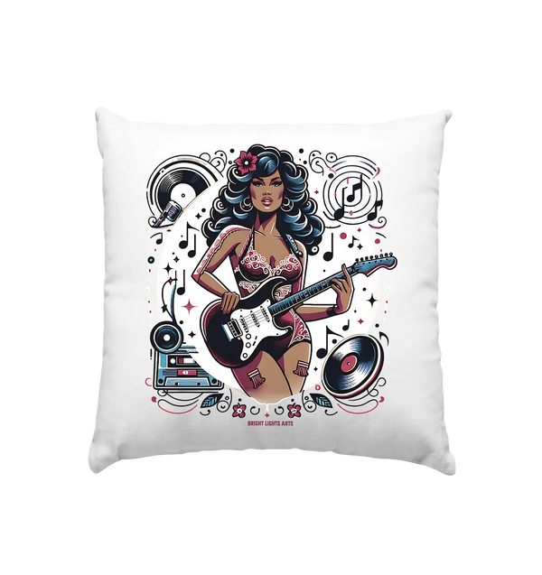 Swinging 60s Gitarristin mit Retro-Vibes - Kissen 40x40cm Bright Lights Arts