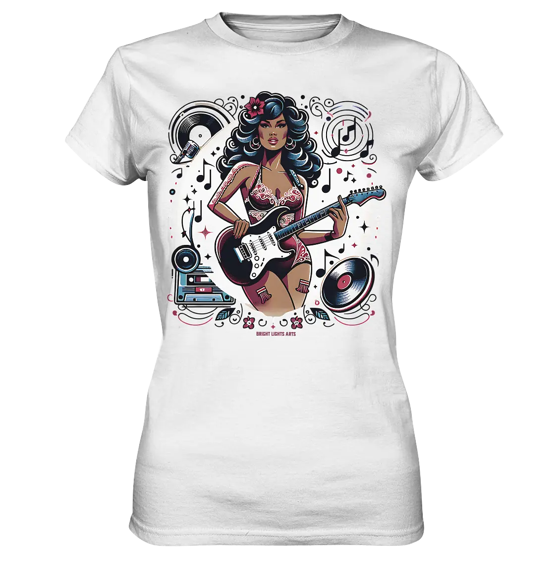 Swinging 60s Gitarristin mit Retro-Vibes - Ladies Premium Shirt Bright Lights Arts