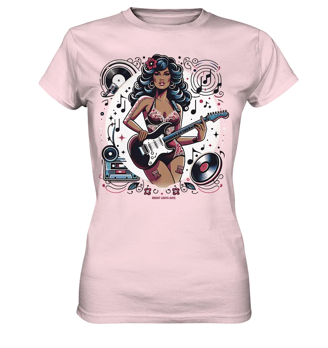 Swinging 60s Gitarristin mit Retro-Vibes - Ladies Premium Shirt Bright Lights Arts