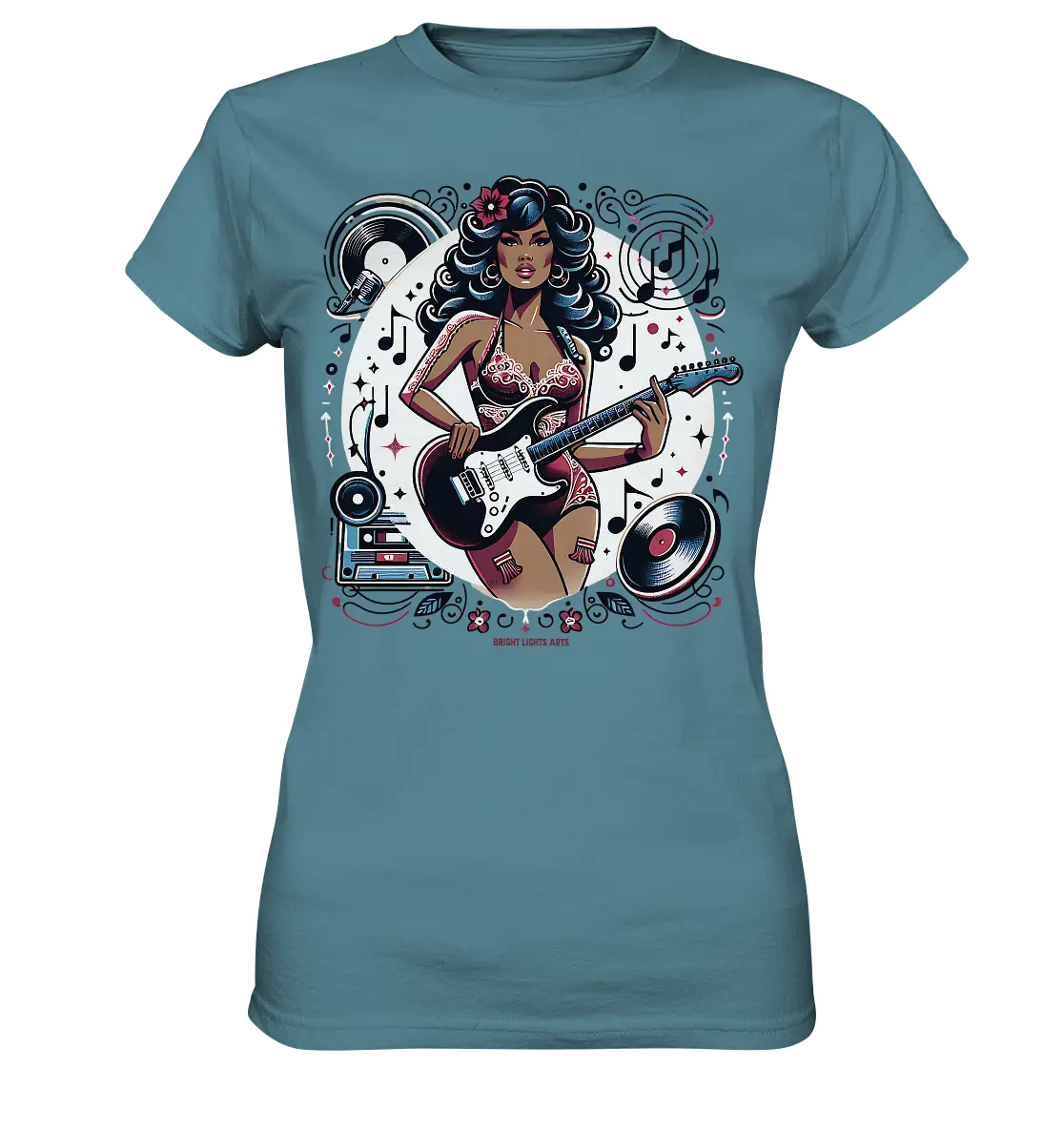 Swinging 60s Gitarristin mit Retro-Vibes - Ladies Premium Shirt Bright Lights Arts