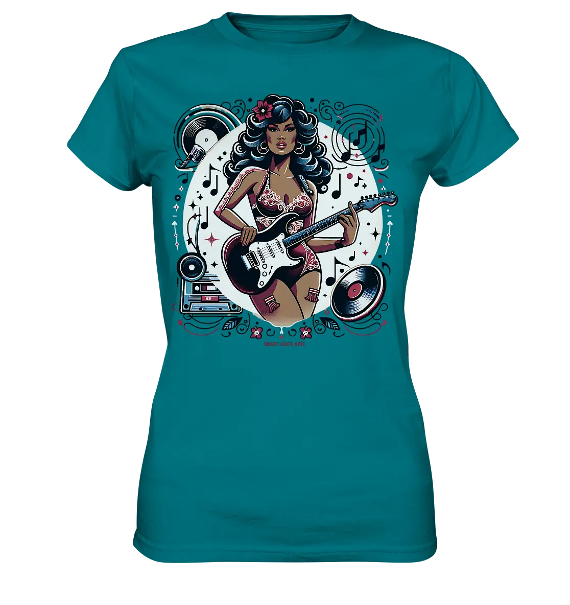 Swinging 60s Gitarristin mit Retro-Vibes - Ladies Premium Shirt Bright Lights Arts