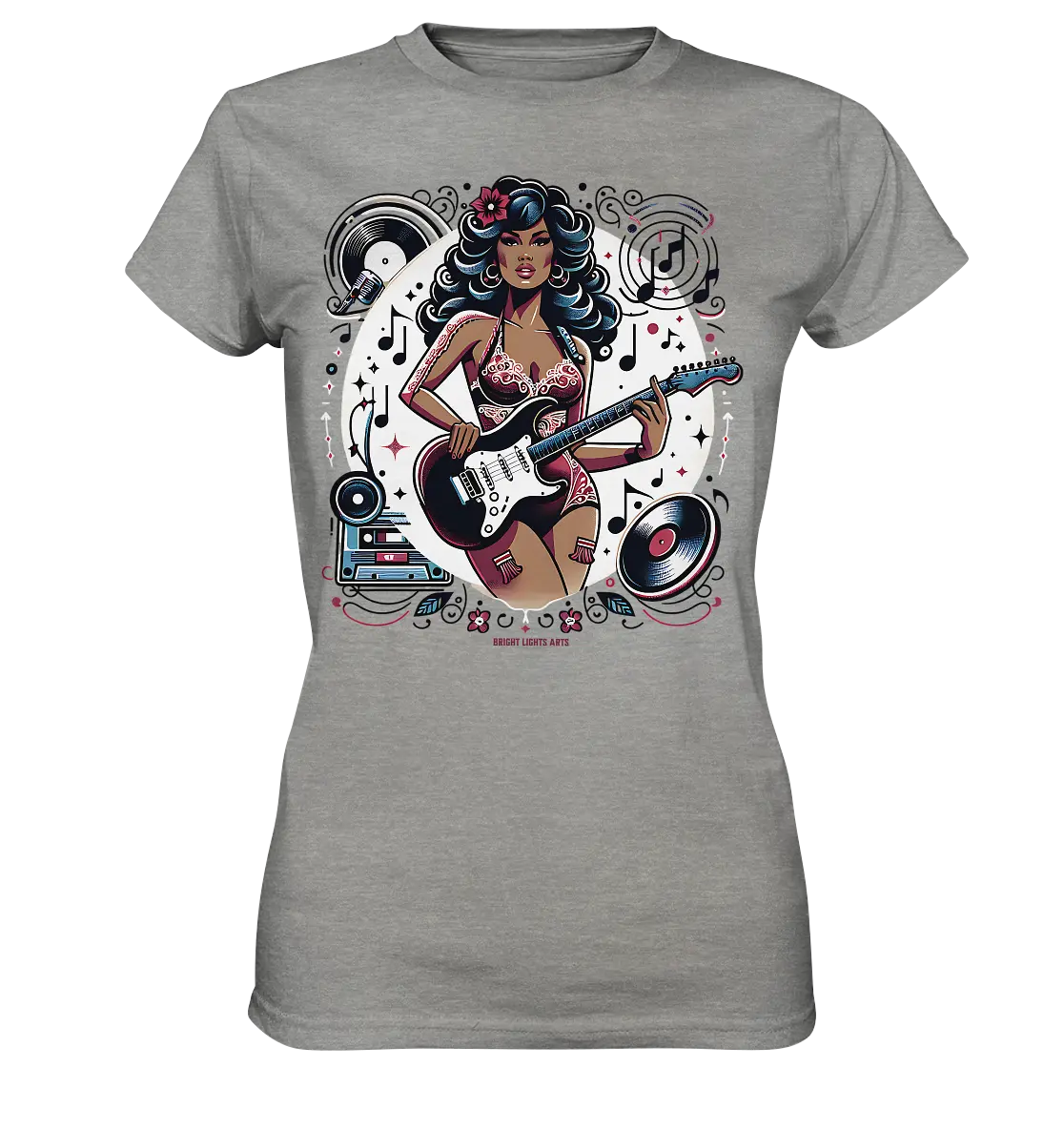 Swinging 60s Gitarristin mit Retro-Vibes - Ladies Premium Shirt Bright Lights Arts