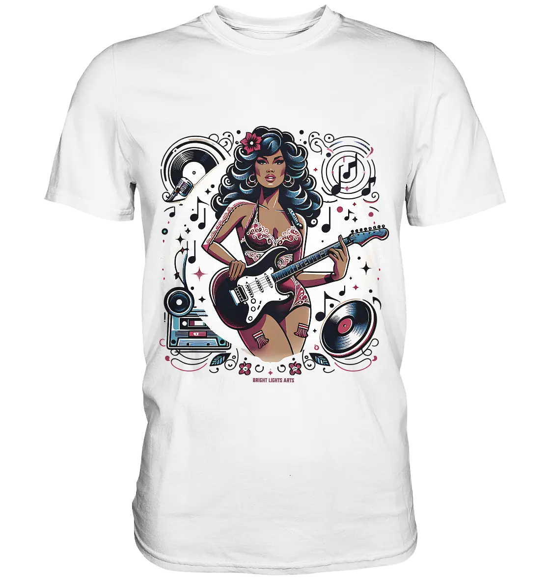 Swinging 60s Gitarristin mit Retro-Vibes - Premium Shirt Bright Lights Arts