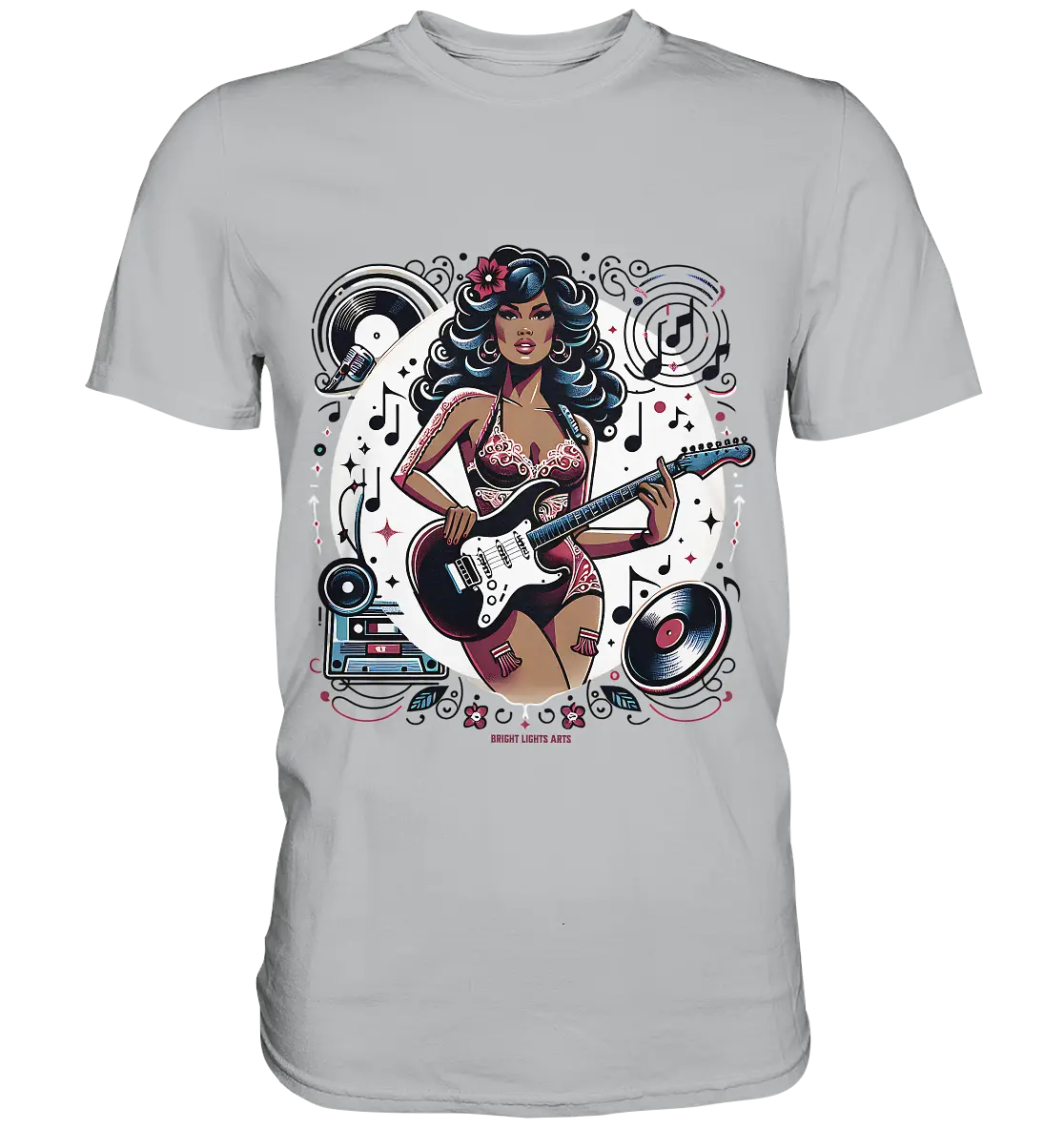 Swinging 60s Gitarristin mit Retro-Vibes - Premium Shirt Bright Lights Arts