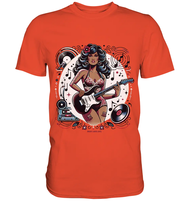 Swinging 60s Gitarristin mit Retro-Vibes - Premium Shirt Bright Lights Arts