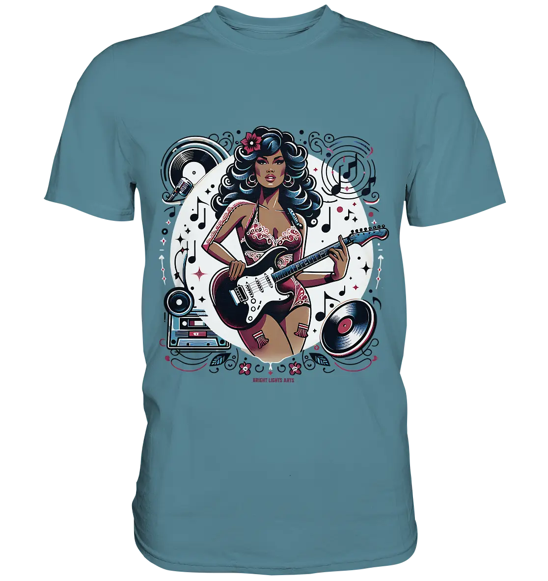 Swinging 60s Gitarristin mit Retro-Vibes - Premium Shirt Bright Lights Arts