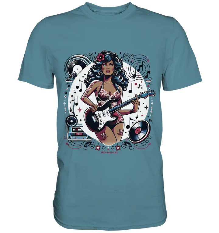Swinging 60s Gitarristin mit Retro-Vibes - Premium Shirt Bright Lights Arts