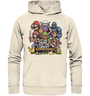 The World of the Great Gameowski – Exklusives Pixel - Art Design - Organic Hoodie - Bright Lights Arts