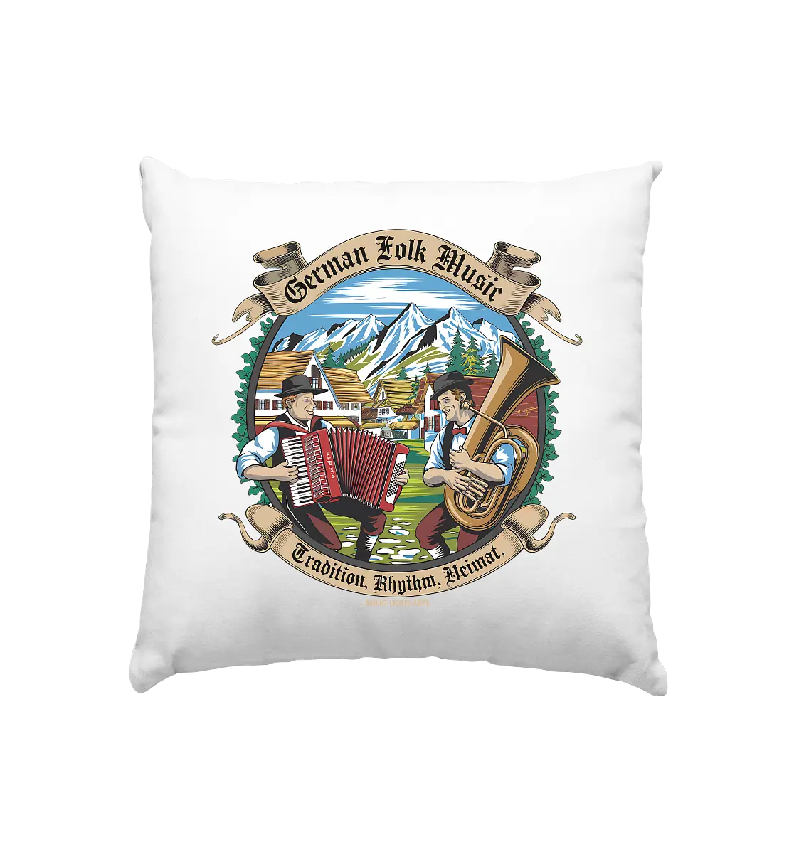 Traditionelle Klänge – Musikanten in den Alpen - Kissen 40x40cm Bright Lights Arts