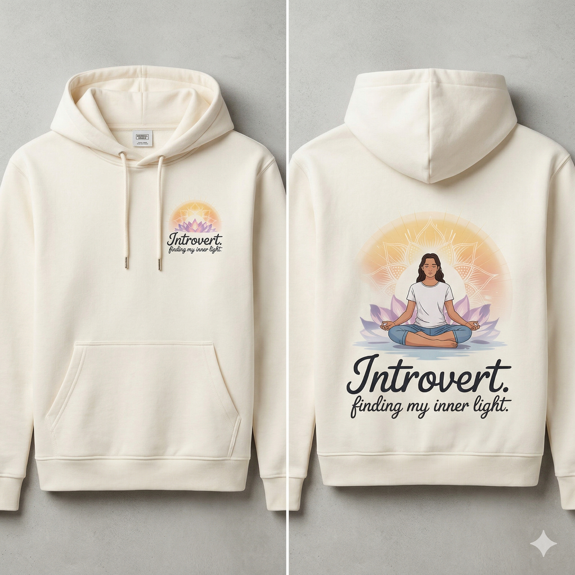 beiges Bright Lights Arts Bio-Hoodie mit Mandala-Schrift-Logo auf der Brust und großem Meditations-Design auf dem Rücken. ohne Model