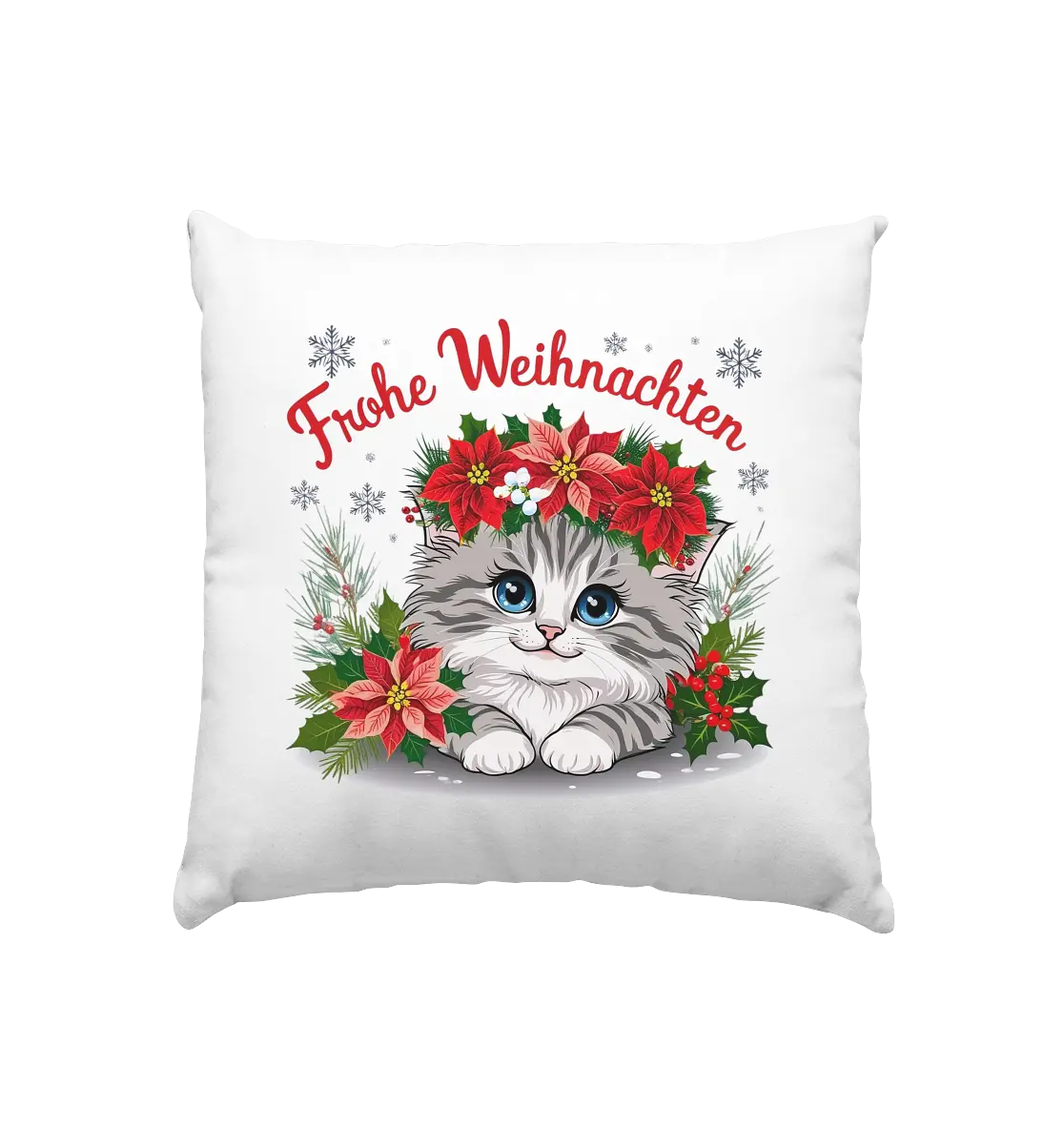Weihnachtliches Kätzchen mit Poinsettien-Krone - Kissen 40x40cm Bright Lights Arts