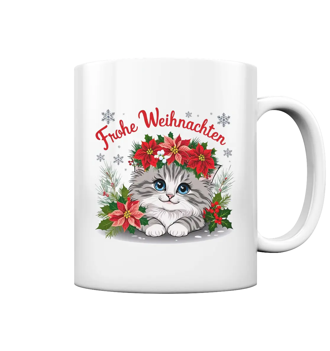 Weihnachtliches Kätzchen mit Poinsettien-Krone - Tasse glossy Bright Lights Arts