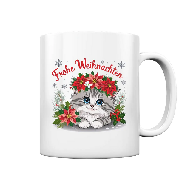 Weihnachtliches Kätzchen mit Poinsettien-Krone - Tasse glossy Bright Lights Arts