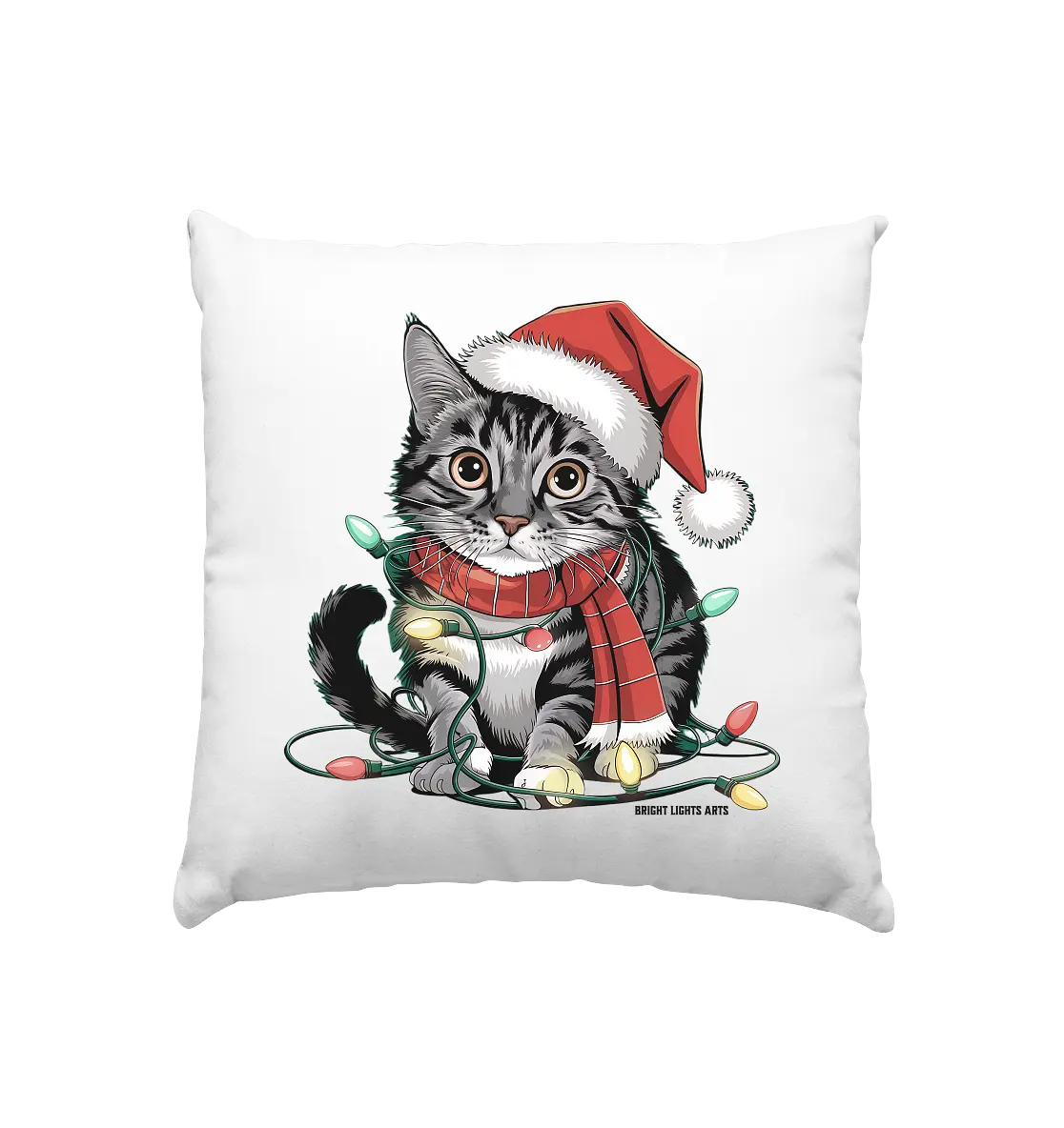 Weihnachtskätzchen im Lichterketten-Wirrwarr - Kissen 40x40cm Bright Lights Arts