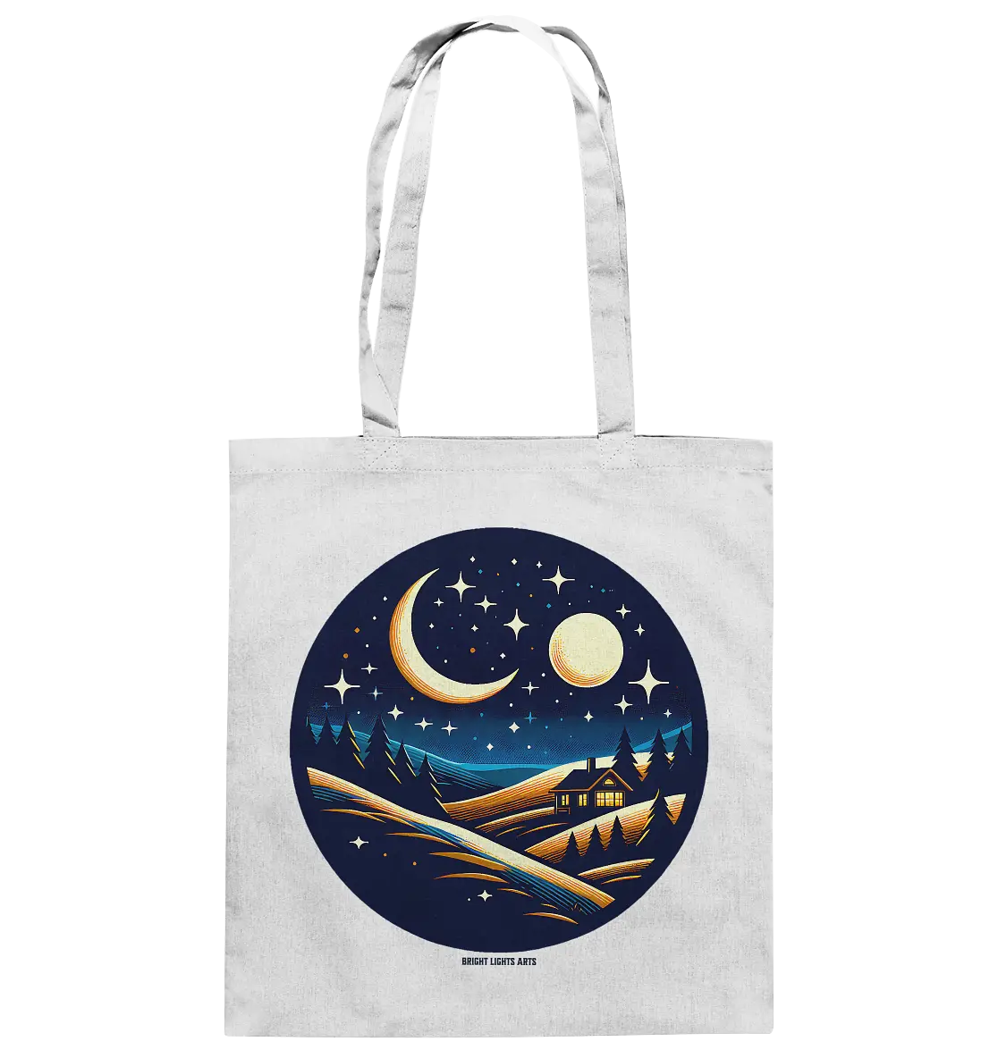 Winterliche Ruhe – Haus im Mondschein - Baumwolltasche Bright Lights Arts