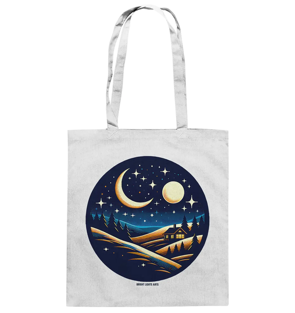 Winterliche Ruhe – Haus im Mondschein - Baumwolltasche Bright Lights Arts