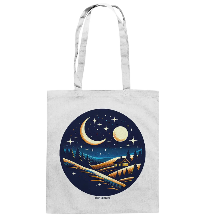 Winterliche Ruhe – Haus im Mondschein - Baumwolltasche Bright Lights Arts