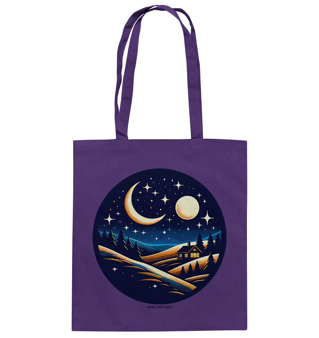 Winterliche Ruhe – Haus im Mondschein - Baumwolltasche Bright Lights Arts