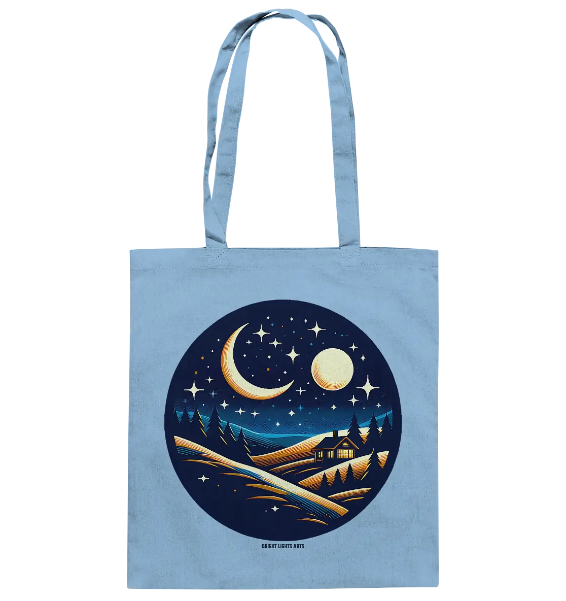 Winterliche Ruhe – Haus im Mondschein - Baumwolltasche Bright Lights Arts