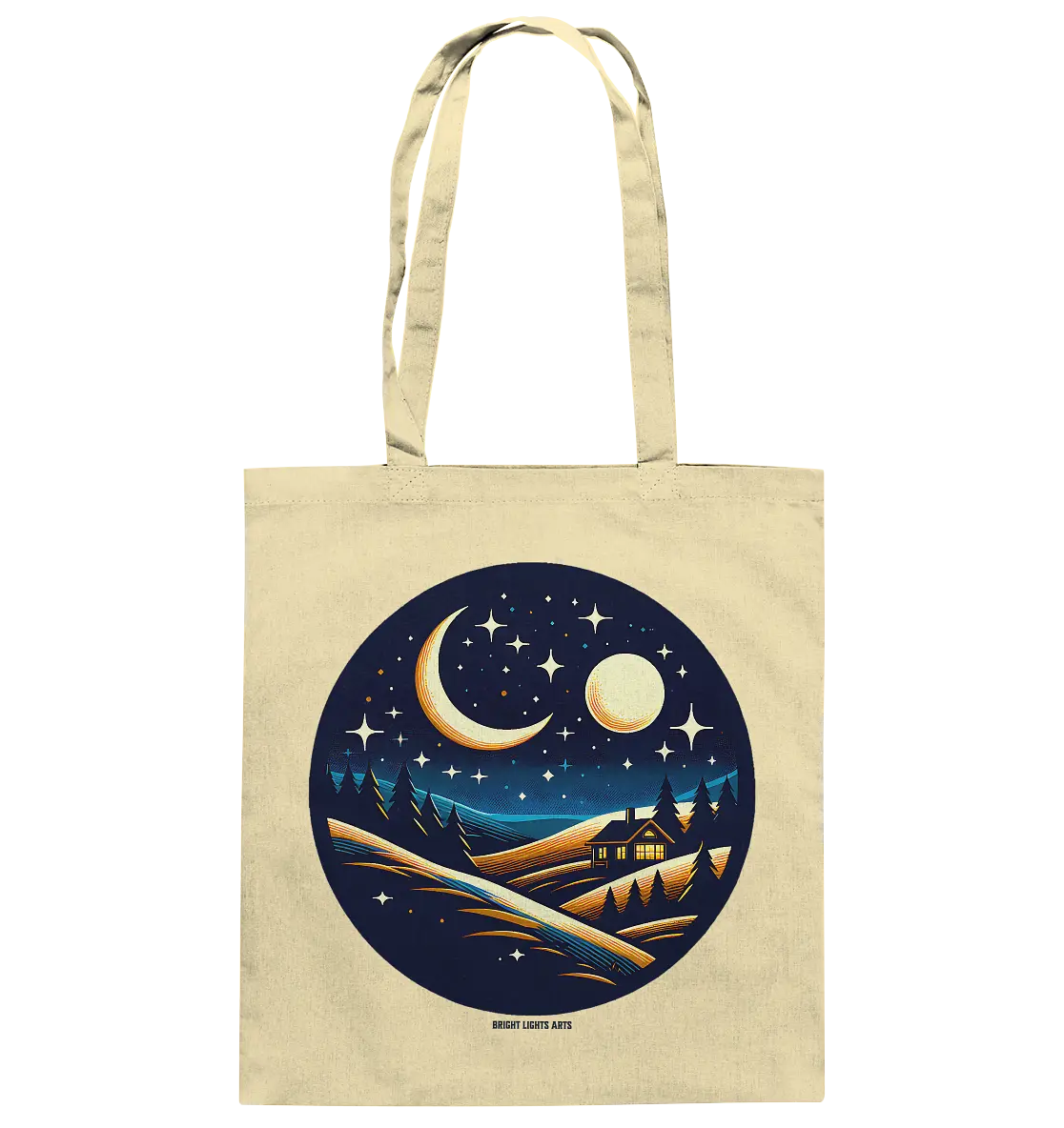Winterliche Ruhe – Haus im Mondschein - Baumwolltasche Bright Lights Arts