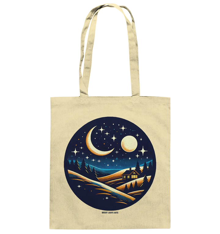 Winterliche Ruhe – Haus im Mondschein - Baumwolltasche Bright Lights Arts