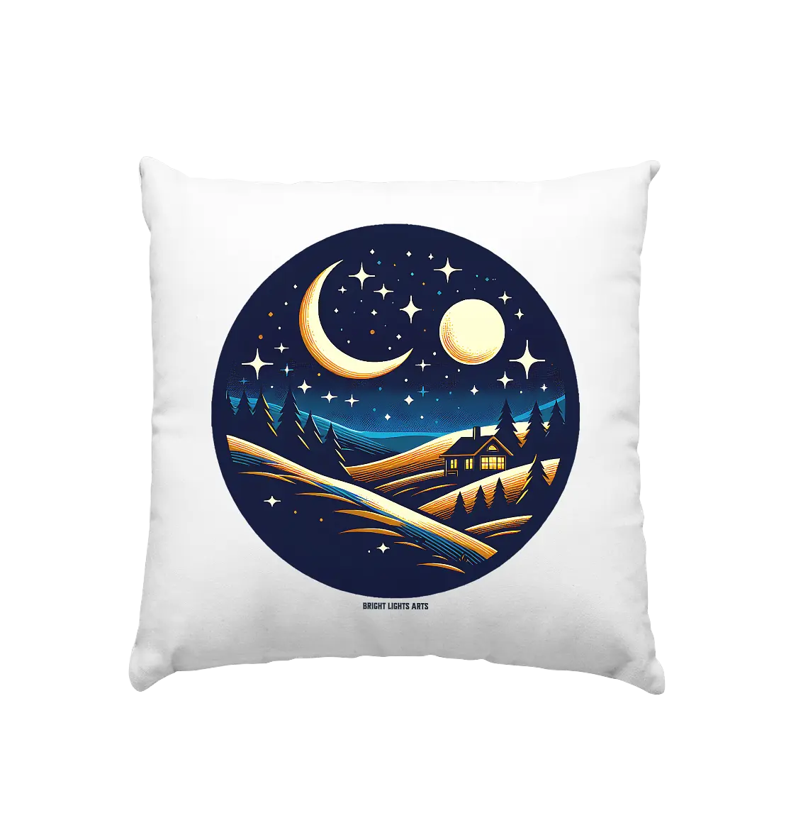 Winterliche Ruhe – Haus im Mondschein - Kissen 40x40cm Bright Lights Arts